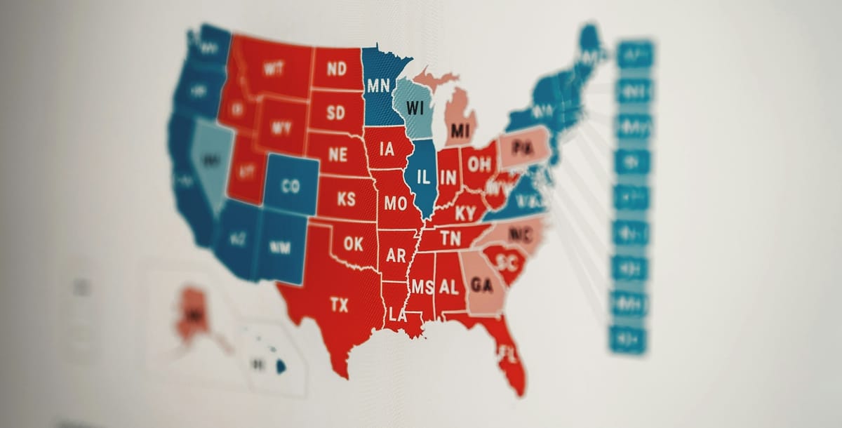 A choropleth map showing the partisan leanings of the states.